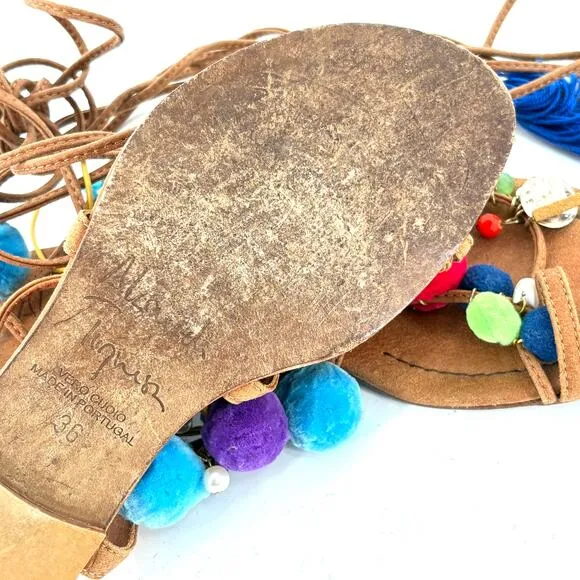 Alameda Turquesa Matisse Sandals 6 36 Pom Pom Coins Tassel Wrap Resort Cruise