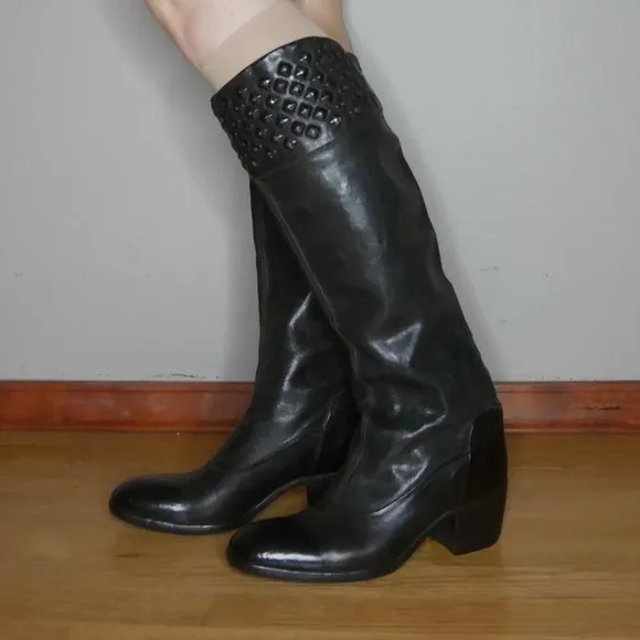 Alberto fasciani black brown studded below the knee riding boots Sz 37