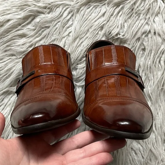 Aldo Smalling Cognac Brown Leather Buckle Accents Slip-On Loafers EUC Size 39