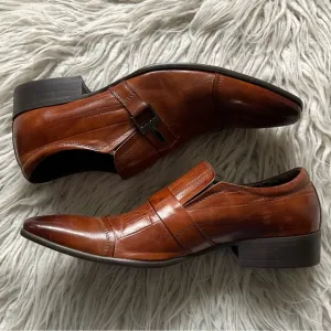 Aldo Smalling Cognac Brown Leather Buckle Accents Slip-On Loafers EUC Size 39