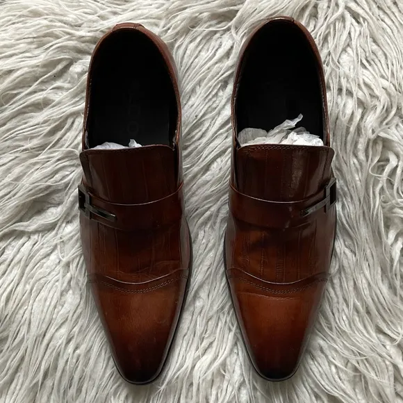 Aldo Smalling Cognac Brown Leather Buckle Accents Slip-On Loafers EUC Size 39