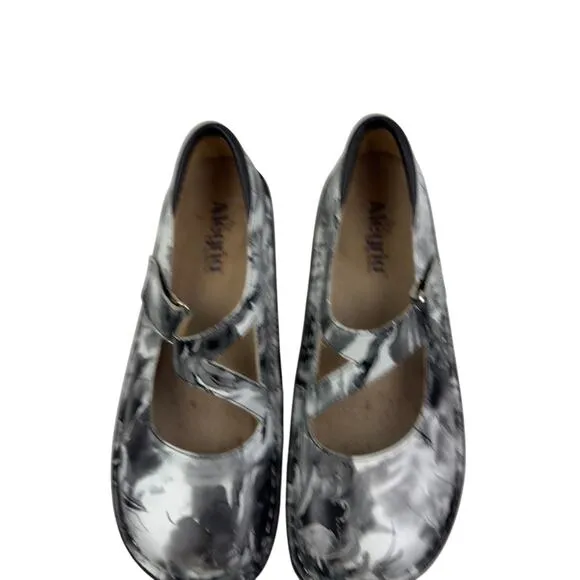 Alegria Dayna Black &amp; White Floral Watercolor Mary Jane Comfort Flats Women's 9