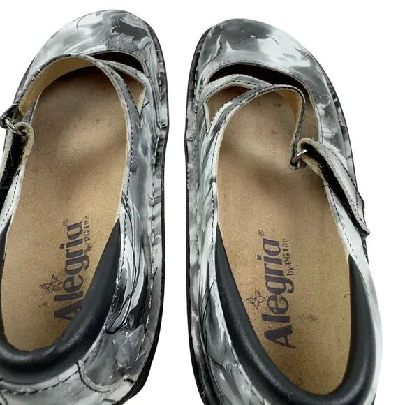 Alegria Dayna Black &amp; White Floral Watercolor Mary Jane Comfort Flats Women's 9