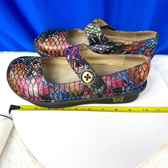 |•ALEGRIA•| Gorgeous Floral Reptile Platform Mary Jane Flats Leather Size 7-7.5