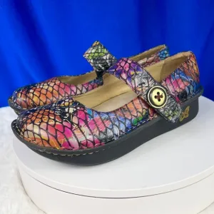 |•ALEGRIA•| Gorgeous Floral Reptile Platform Mary Jane Flats Leather Size 7-7.5