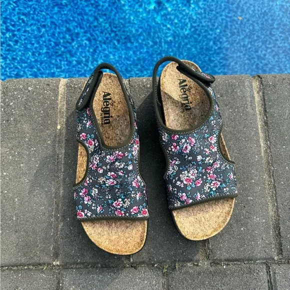 Alegria Knit Back‎ Strap Cork Sandals Micah Black Floral Shoes