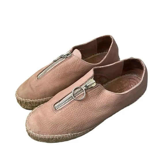 Alexander Wang 254434 Nubuck Leather Devon Front Zip Espadrille Flats Blush
