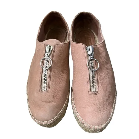 Alexander Wang 254434 Nubuck Leather Devon Front Zip Espadrille Flats Blush