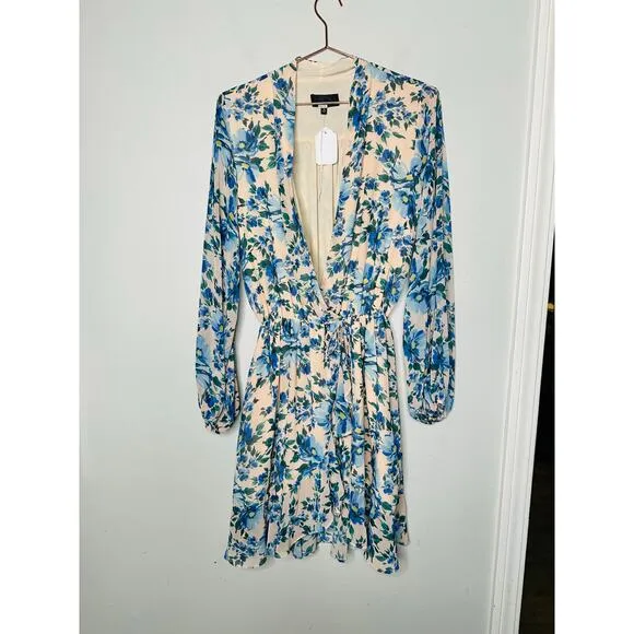 ALEXIA ADMOR Blue Floral Wrap Style V-Neck Tie Closure Mini Dress Size 8