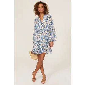 ALEXIA ADMOR Blue Floral Wrap Style V-Neck Tie Closure Mini Dress Size 8