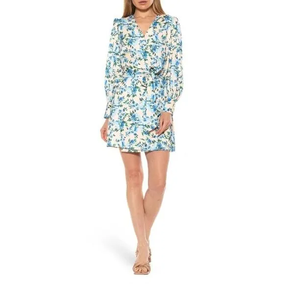 ALEXIA ADMOR Blue Floral Wrap Style V-Neck Tie Closure Mini Dress Size 8
