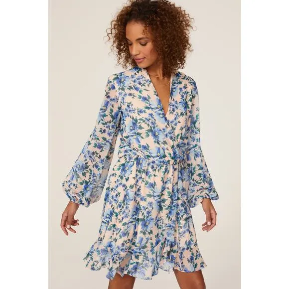 ALEXIA ADMOR Blue Floral Wrap Style V-Neck Tie Closure Mini Dress Size 8