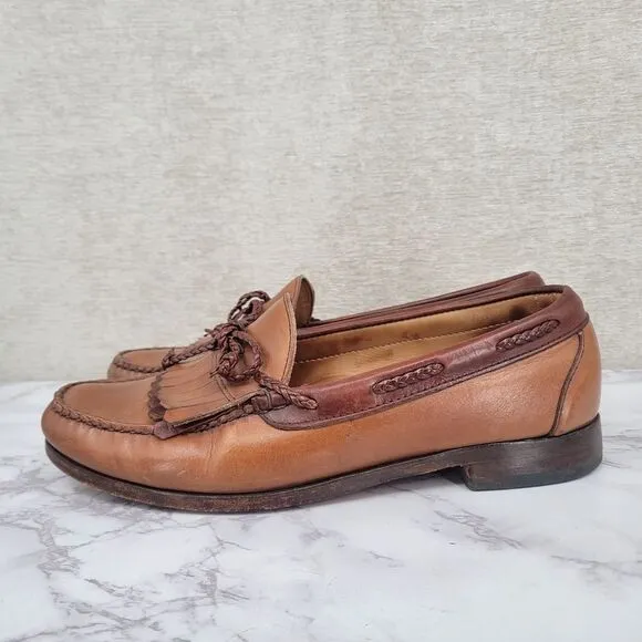 Allen Edmonds Woodstock Light Brown Loafers Boat Shoes Kiltie Fringe Fisherman