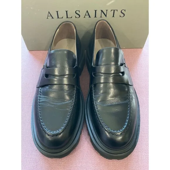 AllSaints Womens Lola Leather Loafers in Black 9 with Box Penny Oxford Shoes