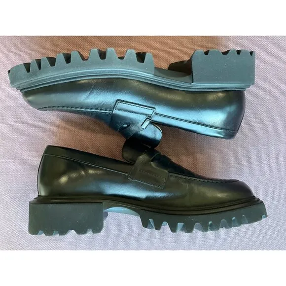 AllSaints Womens Lola Leather Loafers in Black 9 with Box Penny Oxford Shoes