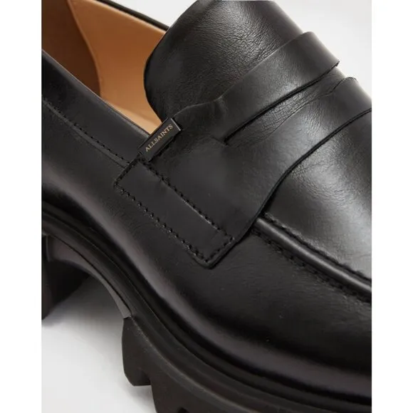 AllSaints Womens Lola Leather Loafers in Black 9 with Box Penny Oxford Shoes