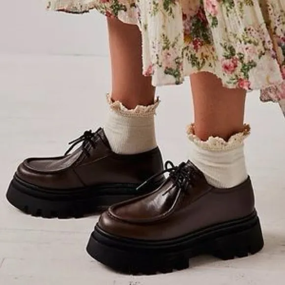 ALOHAS Tycoon Coffee Brown Leather Lug Sole Chunky Lace Up Loafers Sz39 US 8-8.5