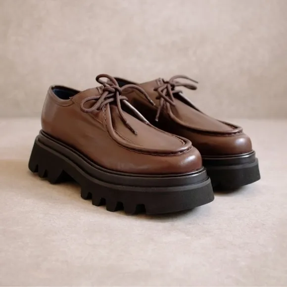 ALOHAS Tycoon Coffee Brown Leather Lug Sole Chunky Lace Up Loafers Sz39 US 8-8.5