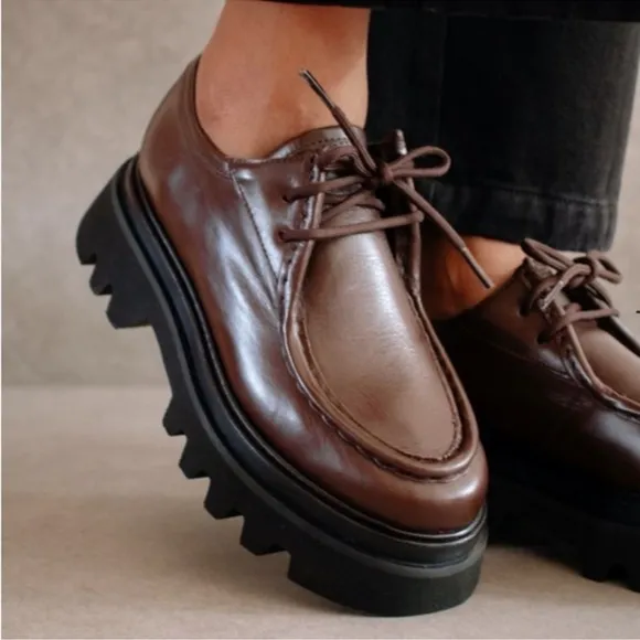 ALOHAS Tycoon Coffee Brown Leather Lug Sole Chunky Lace Up Loafers Sz39 US 8-8.5