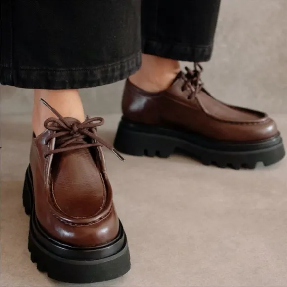ALOHAS Tycoon Coffee Brown Leather Lug Sole Chunky Lace Up Loafers Sz39 US 8-8.5