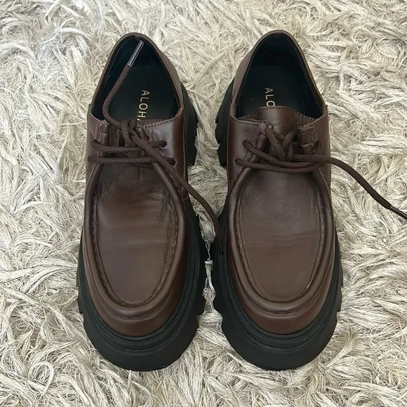 ALOHAS Tycoon Coffee Brown Leather Lug Sole Chunky Lace Up Loafers Sz39 US 8-8.5