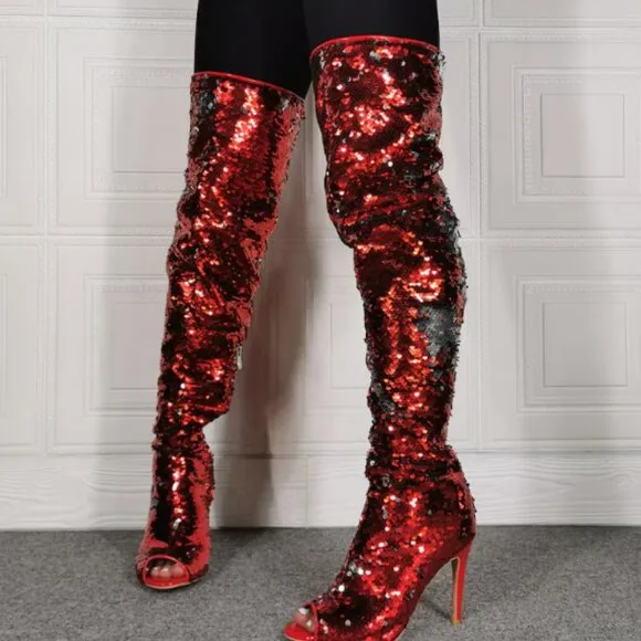 &quot; ESSENTIAL ELEGANCE &quot;Over The Knee High Boots Sequins Peep Toe ( BRAND NEW!!!!!