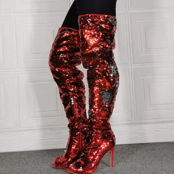 &quot; ESSENTIAL ELEGANCE &quot;Over The Knee High Boots Sequins Peep Toe ( BRAND NEW!!!!!