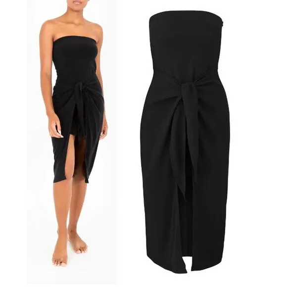 Anemos Strapless D.K. Wrap Midi Coverup Dress Stretch Cupro Black Womens Size XS
