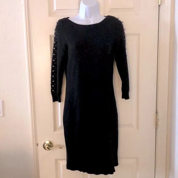Ann Taylor Black Pearl Embellished Sweater Dress