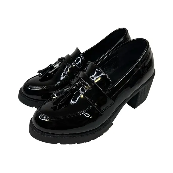 Ann’s Poetry Card Patent Heeled Tassel Loafers Black 7