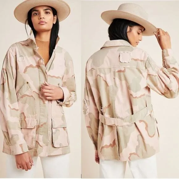 Anthro Lida Distressed Utility Jacket | Pink Camo, Size Small, NWT