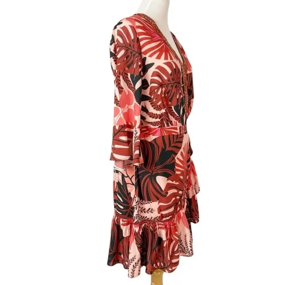 Anthropologie FARM Rio Bruxelles wrap dress Tropical Monstera Medium Red NWT!