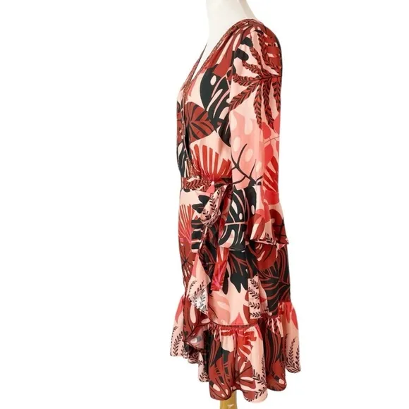 Anthropologie FARM Rio Bruxelles wrap dress Tropical Monstera Medium Red NWT!