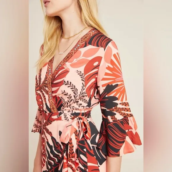 Anthropologie FARM Rio Bruxelles wrap dress Tropical Monstera Medium Red NWT!