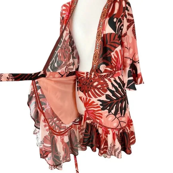 Anthropologie FARM Rio Bruxelles wrap dress Tropical Monstera Medium Red NWT!