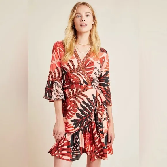 Anthropologie FARM Rio Bruxelles wrap dress Tropical Monstera Medium Red NWT!