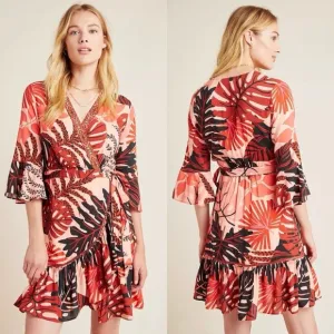 Anthropologie FARM Rio Bruxelles wrap dress Tropical Monstera Medium Red NWT!