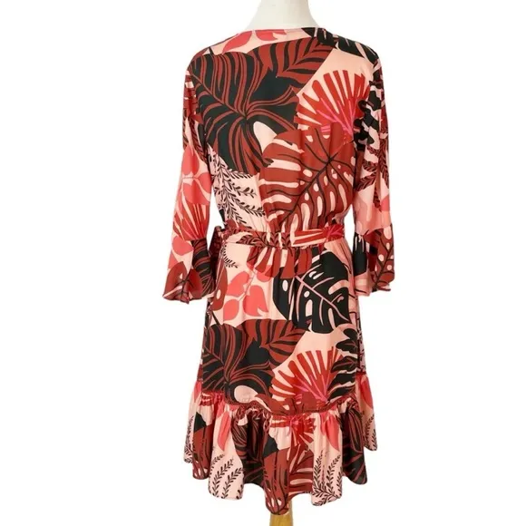 Anthropologie FARM Rio Bruxelles wrap dress Tropical Monstera Medium Red NWT!