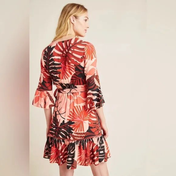 Anthropologie FARM Rio Bruxelles wrap dress Tropical Monstera Medium Red NWT!