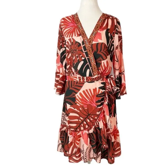 Anthropologie FARM Rio Bruxelles wrap dress Tropical Monstera Medium Red NWT!