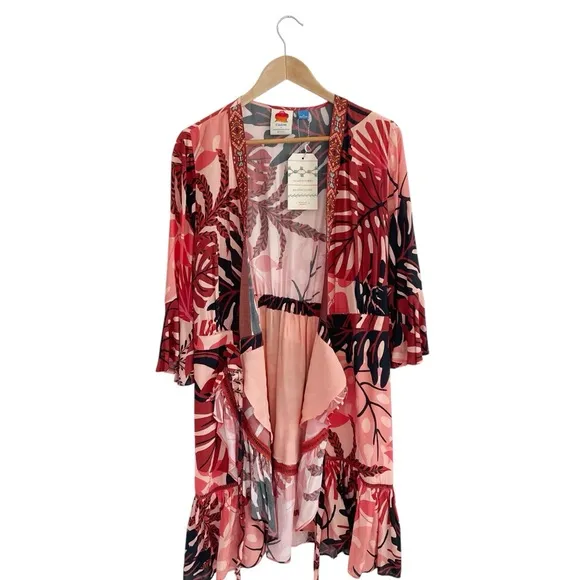 Anthropologie FARM Rio Bruxelles wrap dress Tropical Monstera Medium Red NWT!
