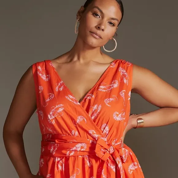 ANTHROPOLOGIE Flirty Wrap Mini Dress Red Mainely Lobster Plus Size 1X NWT