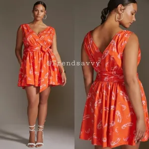 ANTHROPOLOGIE Flirty Wrap Mini Dress Red Mainely Lobster Plus Size 1X NWT