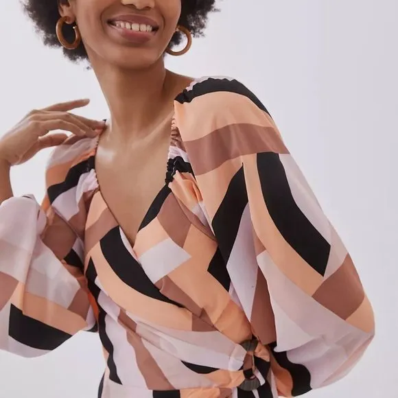 Anthropologie Hutch M NWT Mod Geo Wrap Mini Dress Puff Sleeves Geometric Medium