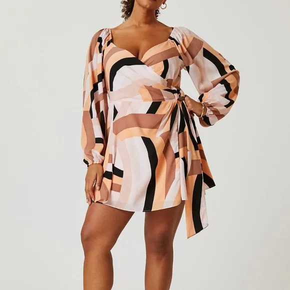 Anthropologie Hutch M NWT Mod Geo Wrap Mini Dress Puff Sleeves Geometric Medium