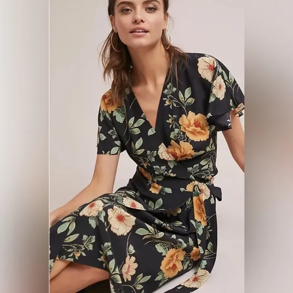 Anthropologie Kachel 8 Odessa Blooms Silk Wrap Dress floral print midi length
