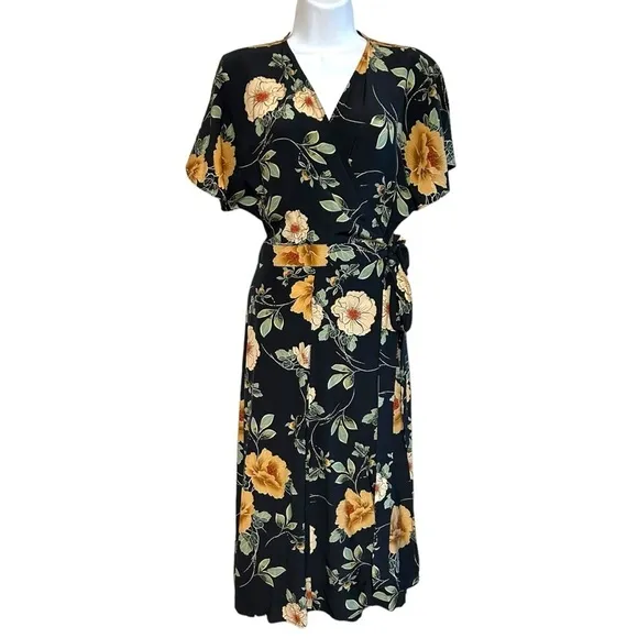 Anthropologie Kachel 8 Odessa Blooms Silk Wrap Dress floral print midi length