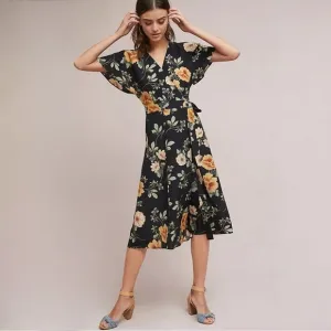 Anthropologie Kachel 8 Odessa Blooms Silk Wrap Dress floral print midi length