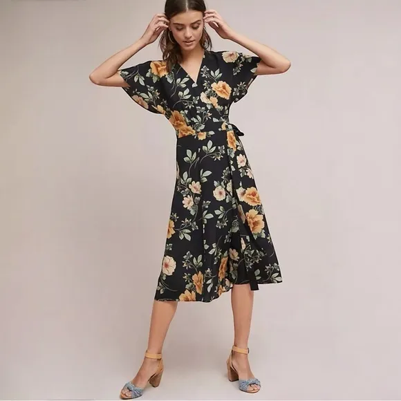 Anthropologie Kachel 8 Odessa Blooms Silk Wrap Dress floral print midi length