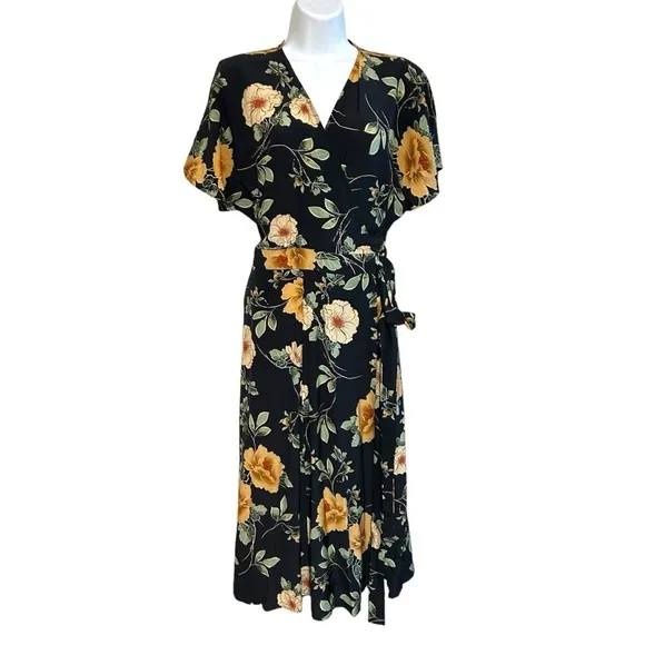 Anthropologie Kachel 8 Odessa Blooms Silk Wrap Dress floral print midi length